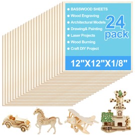LL FCBDA 24 Pack Basswood Sheets 12x12x1/8 Inch (3mm) - Unfinished Smooth Wood for Laser Cutting, Engraving, DIY Models, Pyrography & Wood Burning Crafts