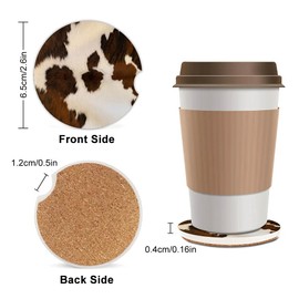 Absorbent Car Coasters 2 Pack for Women/Men,Cow Hide Car Coaster for Drinks,Ceramic Stone Car Cup Holder with A Finger Notch,Farm Animal Brown Cowhide Skin Print Cow