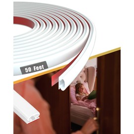 50Ft Rubber Weather Stripping Door Seal Strip for Door & Window, Self-Adhesive Backing Seal Large Gap (from 1/10 inch to 11/50 inch), Rubber Seal Strip for Door Insulation, Easy Cut to Size - White