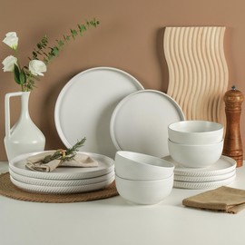 Metflavor Earthsong Dinnerware Sets for 4, 12-Piece Ceramic Plates and Bowls Set, Dishwasher and Microwave Safe Stoneware Dishes Set, Ribbed, Snowcrest White