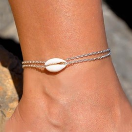 Sttiafay Layered Shell Anklet Bracelets Natural Cowrie Shell Ankle Silver Shell Foot Anklet Ocean Seashell Chain Anklet Beach Natural Shell Anklet Summer Feet Chain Foot Jewelry for Women