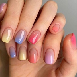 Press on Nails Short Fake Nails Square Acrylic Nails Colorful Ombre Glue on Nails Glossy Translucent Nails Press ons Gradient Stick on Nails for Women 24Pcs