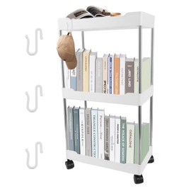 YOUNTHYE Kitchen Trolley Narrow 60 x 35 x 21 cm Kitchen Trolley with 3 Levels Trolley White Plastic Serving Trolley Space Saving Storage Trolley on Wheels Niche Trolley for Bathroom, Kitchen, Office