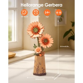 ROBOTIME 3D Wooden Flower Puzzle Light Orange Gerbera, Model Kits for Adults to Assemble, Artificial Eternal Flowers, DIY Craft Set, Valentine's Day, Mother's Day and Christmas