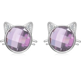 Silver Stud Earrings for Women Girls, S925 Sterling Silver Cute Cat Ear Birthstone Stud Earrings | Lovely Purple Crystal CZ Cubic Zirconia Studs Jewellery Gift for Pet Lovers Teens Kids