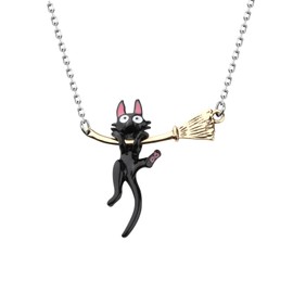 KEYCHIN Jiji Black Cat Nekclace Magical Kiki Anime Gifts Anime Cat Hanging On A Broom Jewlry Kiki & Jiji Gifts (Black CatNK)