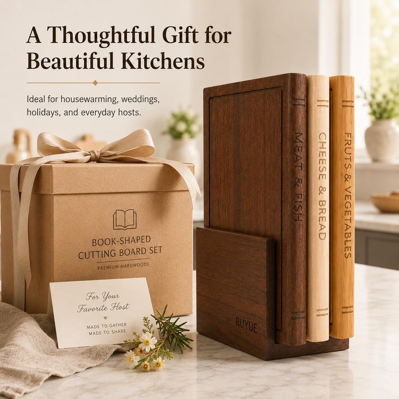Book Shaped Cutting Board Set with Walnut Stand, 3 PCS