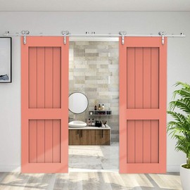 CCJH 9FT Barn Door Hardware Sliding Track Kit Stainless Steel Heavy Duty for Double Wood Door (Y Shape Hanger)