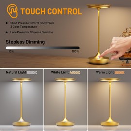 SHANGCAI 2 Pack LED Rechargeable Cordless Table Lamps, Portable Outdoor Battery Operated 3 Color Stepless Dimming Tables Lamp with Memory Function for Patio Restaurant Dining Room Gold
