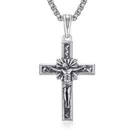 praymos Women Crucifix Cross Pendant with Chain Baptism Christian Jewelry Antique Jesus Christ INRI Necklace