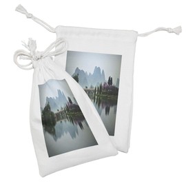 Ambesonne Japanese Fabric Pouch Set of 2, Japanese National Park Bridge Reflections of the Mount on the Lake Scenery Photo, Small Drawstring Bag for Toiletries Masks and Favors, 9" x 6", Multicolor