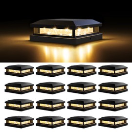 Solar Post Cap Lights Outdoor 16 Packs for 4x4 5x5 Vinyl/Wooden Posts, Waterproof Solar Powered Fence Cap Light with Warm/Cool Lighting, Black 16LEDs Deck Caps Lights for Yard, Garden, Patio