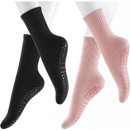 Yoga Pilates Socks with Grips for Women Yoga Socks Barre Non Slip Socks for Yoga Pilates Barre Hospital Black+Pink (2 Pairs)