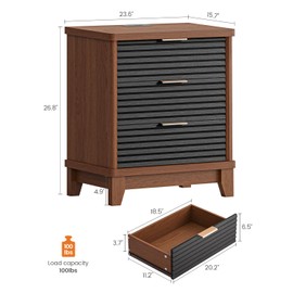 AOGLLATI Fluted Night Stand with Charging Station and 3 Drawers, Black Nightstands Beside Table with Slanted Louvered Design,Retro End Side Table for Bedroom (1, Black)