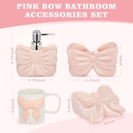 Teenyyou 4 Pcs Pink Bathroom Accessories Set, Bow Toothbrush Holder Pink Cute Ceramic Soap Holder Soap Dispenser Lotion Bottle Cup Tumbler Coquette Bathroom Decor Countertop Accessories Gift