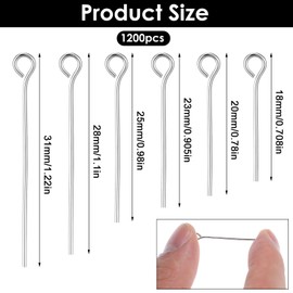 WJIAAA 1200 Pcs Eye Pins for Jewelry Making, Mini Metal Wire Eyepins Small Open Eye Head Pins for DIY Craft Beading Earrings Necklace Bracelet 31/28/25/23/20/18 Mm