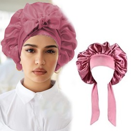 IOSPKKIO® Satin Bonnet, Silk Hair Caps for Women, Curly Hair Wrap for Sleep Cap, Reversible Hat with Tie, Night Cap, Double Layer Sleep Cap (Lotus Pink)