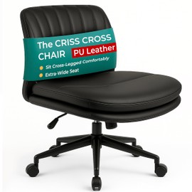 NYPOT Criss Cross Chair with Wheels - Wide Armless Chair for Cross Legged Sitting - Adjustable Swivel Office Desk Seat - Rocking Comfort for Home or Work, Black PU Leather