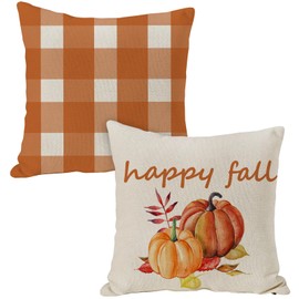 JOOCAR Orange White Buffalo Check Plaid Pillow Covers 18x18 Inch Set of 2 Happy Fall Pumpkin Linen Pillow Cushion Cases Autumn Thanksgiving Decorative Square Pillowcases for Couch Sofa Bed Car