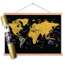 Global Walkabout Scratch Off Map with Flags background with wooden poster frame mount in tube – Deluxe Travel Size World Map Poster with frame – Frame with leather strap – Travel Gift (Black)