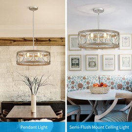 XINGQI 21.7'' Modern Farmhouse Chandelier, Drum Ceiling Light Fixture for Living Dining Room Over Table, 5 Lights Antique Wood Grain Brushed Nickel with Round Metal