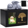 Black Wooden Pet Urn with Dog Statue and Cloth Ash