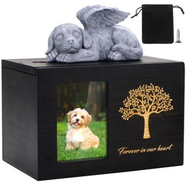 Black Wooden Pet Urn with Dog Statue and Cloth Ash Bag 25kg (A)