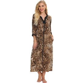 Bloggerlove House Dresses for Elderly Mumu Dresses Women Leopard House Dress V Neck Nightgown Robe Half Sleeve Loungewear Full Length Sleepwear Zipper Duster Housecoat