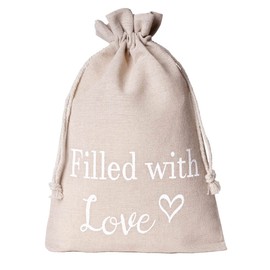 3 Gift Bags - Filled with Love - Linen Bag with Text, Linen Bag with Cord, Gift Packaging Made of Linen Cotton Fabric (40 x 30 cm)