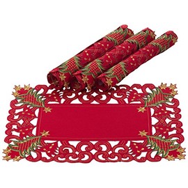 SARO LIFESTYLE Pandoro Collection Holiday Christmas Tree Placemat-Set of 4 Pcs, 14" x 20", Red