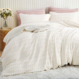 Tospass Plush Bed Linen 135 x 200 cm White Fluffy Warm Winter Bed Linen Faux Fur Checked Flannel Fleece Cashmere Touch Duvet Cover with Zip and 1 Pillowcase 80 x 80 cm