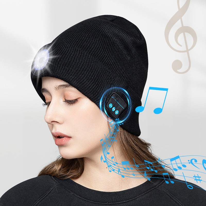 LED Beanie Hat with Headphones Wireless Black Musical Knitted Cap