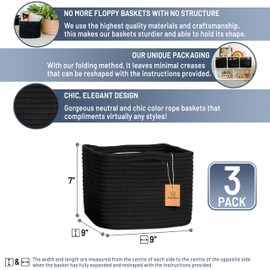 NaturalCozy Storage Cubes 9”x9”x7”Cotton Rope Woven Baskets for Organizing 3-Pack | 9 Inch Cube Storage Bin | Small Basket for Shelf Nursery, Pantry, Decorative Plant, Bathroom Closet, Toy Gift