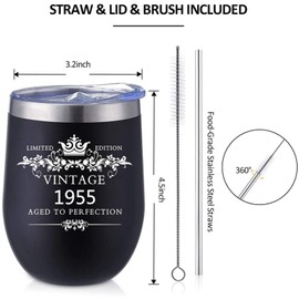 COFOZA 1955 70th Birthday Gifts for Man Woman 12 Ounce Stainless Steel Wine Tumbler Vacuum Insulated Cup 70 Years Birthday Anniversary Present with Sliding Lid Straw and Brush (Black)