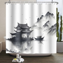 SDOTPMT 180 x 198 cm Lake Mountain Shower Curtain Smoky Mountain Boat Wild Nature National Parks Bath Landscape Photo Artwork Bathroom Curtain for Bathroom Decor with Hooks