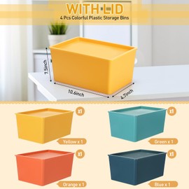 Menkxi 4 Pcs Large Colorful Storage Bins with Lid 10.6 x 7.5 x 4.7 Inch Plastic Storage Basket Stackable Storing Container Cute Decorative Box Cube Cubby Bin for Organizing Shelves Cabinet Classroom