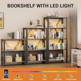 Book Shelf, 3 Tier Bookcase with smart LED light, Bookshelf with Open Display Shelves for Books, Garage Kit, CDs, Movies, Wood and Metal Corner Storage Organizer for Bedroom Home Office Kitchen Living
