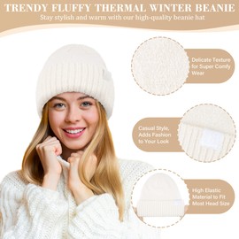 Bequemer Laden Womens Winter Warm Fuzzy Beanie Hat Touchscreen Gloves Long Neck Scarf Knit Set with Fluffy Skull Cap Gifts for Women White