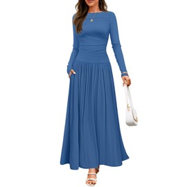 ZESICA Women's Long Sleeve Fall Maxi Dress 2025 Crewneck Knit Casual Slim Swing Pleated Dresses with Pockets,Navy,Small