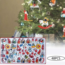 48pcs Christmas Tree Hanging Ornament Wooden Handmade Christmas Tree Figures Decorations Set