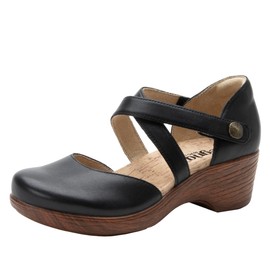 Alegria Women's Savina Coal Slip on Leather Wedge Mary Jane Cross Strap Heel Shoe 9 M US