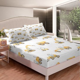 Cartoon Construction Bed Sheets Truck Bedding Fitted Sheet for Kids Boys Girls Youth Modern Equipment Vehicle Bed Sheet Set Watercolor Yellow Room 4Pcs Double Size