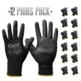QEARSAFETY 12 Pairs Thin PU Palm Coated Work Safety Gloves, Knitted Liner, Multi-Function, Light-Weight, Sensibility, Breathable, Grip, Daily General Purpose Job Handling (8/M, Black)