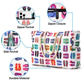 oscaurt Beach Bag Striped Tote Bag Swimming Bag Waterproof Beach Bag Large with Zip Shopper Bag Women's Beach Bag XXL Family Shopping Bag Shoulder Bag Plain Bag Travel Bag, flip flops