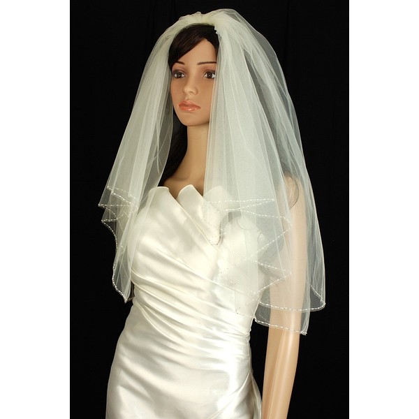 Bridal Veil White 2 Tiers Elbow Length Trimmed With Clear And Seed Beads
