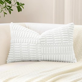 OTOSTAR Set of 1 Decorative Throw Pillow Cover Soft Corduroy Solid Lumbar Pillow Case Boho Striped Cross Patchwork Textured Farmhouse Cushion Cover for Sofa Car Patio Bed Living Room 12x20 Inch, White