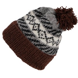 GURU SHOP Bobble Hat from Nepal, Virgin Wool Hat, Winter Hat - Grey/Brown, Men/Women