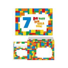12 Invitation Cards for 7th Children's Birthday Boy Building Blocks Including 12 Envelopes, 12 Bags, 12 Stickers