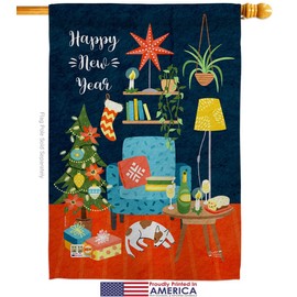 New Year Happy Place Garden House Flags Kit Clock Countdown Champagne Party Fireworks Celebrate Small Decorative Gift Yard Banner Made In USA 28 X 40