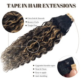 Tape in Hair Extensions Human Hair 26 Inch Water Wave Natural Black Hair Balayage Honey Blonde Highlights Real Remy Human Hair Tape ins Extensions 50g/pack 20pcs Invisible Tape in Hair Extension
